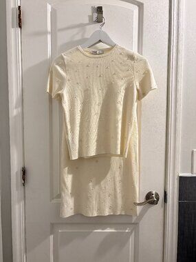 MANGO dewy detail knit set: short-sleeve beaded sweater + beaded skirt